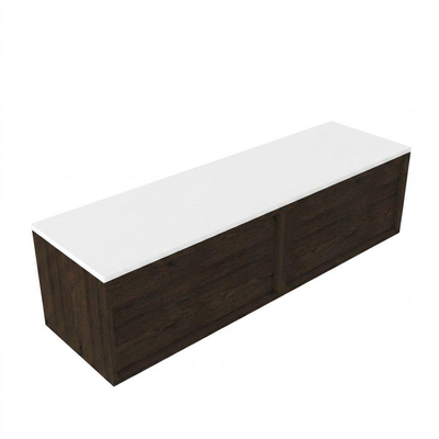 Saniclass Holz Frame Ensemble meuble de salle de bains - 160x45x42.5cm - plan de toilette Torino en solid surface blanc - sans trou de robinet - 2 tiroirs - chêne charcoal mat (bois)