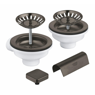 GROHE pop-up waste set - voor 2 spoelbakken - overloop combinatie - hard graphite geborsteld (mat donker grijs)