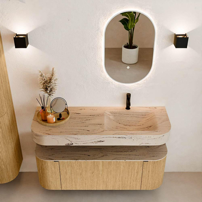 MONDIAZ THOR-DLUX 130cm badmeubel ronding links + rechts kleur Oak met 1 lade en 2 deuren. Vrijhangende wastafel CLOUD Rechts 1 kraangat kleur Arena.