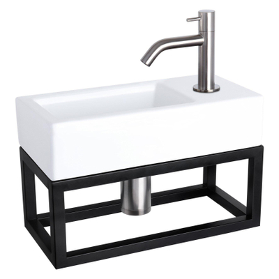 Differnz Ravo fonteinset – 38.5x18.5x25 cm – keramiek wit glans – gebogen mat chromen kraan – met zwart frame