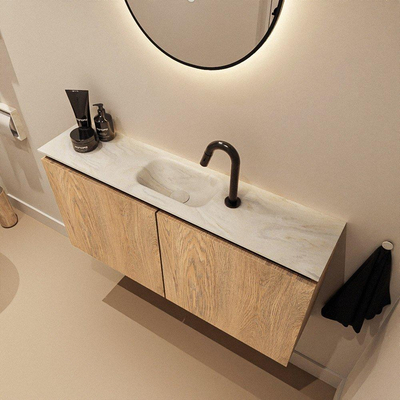 MONDIAZ TURE-DLUX meuble de WC 100 cm Washed Oak. EDEN lavabo Ostra position milieu. Avec 1 trou de robinet.