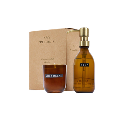 Wellmark coffret découverte savon à main et bougie parfumée verre marron