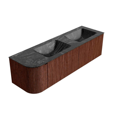 Mondiaz KURVE-DLUX Ensemble de meuble de salle de bains - 155x46x40cm - 2 tiroirs - 1 porte - lavabo solid surface - double / droit - 2 trous de robinet - Ruby