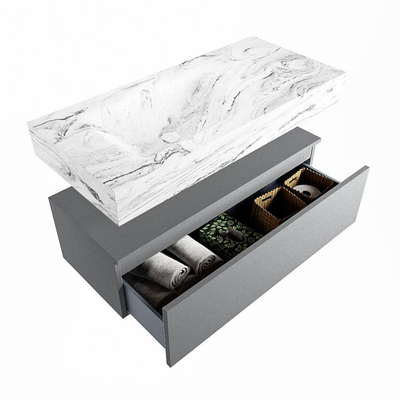 Mondiaz ALAN-DLUX Ensemble de meuble - 100cm - meuble Plata mat - 1 tiroir - Lavabo Cloud Glace suspendu - vasque Gauche - 0 trous de robinet