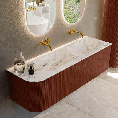 Mondiaz KURVE-DLUX Ensemble de meuble de salle de bains - 145x46x40cm - 1 tiroir - 1 porte - lavabo solid surface - double / droite - sans trou de robinet - Ruby