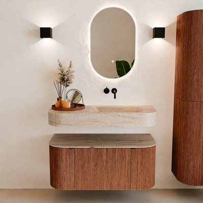 MONDIAZ THOR-DLUX 100cm meuble de salle de bains arrondi gauche + droite couleur Ruby avec 1 tiroir et 2 portes. Vasque suspendue CLOUD Droite sans trou de robinet couleur Saba.