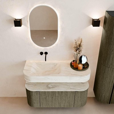 MONDIAZ THOR-DLUX 110cm meuble de salle de bains arrondi gauche + droite couleur Shadow avec 1 tiroir et 2 portes. Vasque suspendue CLOUD Gauche sans trou de robinet couleur Ostra.