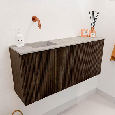 Mondiaz JOYA-DLUX 90cm meuble de toilette - couleur Walnut - Vasque FAYE position Gauche Sans trou de robinet couleur Glace.