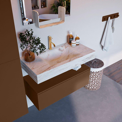 Mondiaz ALAN-DLUX Ensemble de meuble - 90cm - meuble Rust mat - 1 tiroir - Lavabo Cloud Frappe suspendu - vasque Centre - 1 trou de robinet