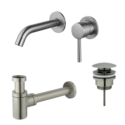 FugaFlow Eccelente Sobrado Badkamer Slim Wastafelkraanset - inbouw wastafelkraan - klikwaste plug - verlaagde design sifon - PVD Geborsteld RVS -