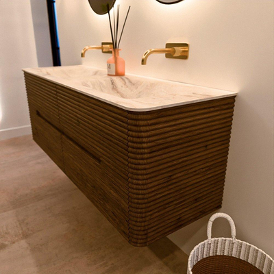 Mondiaz CIRO-DLUX Badkamermeubelset - 140x45x50cm - Solid surface wastafel Frappe - 2 wasbak Dubbel - zonder kraangaten - 4 lades - Dusk