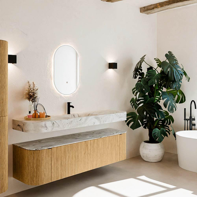 MONDIAZ THOR-DLUX Meuble de salle de bains 170cm arrondi gauche + droite couleur Oak avec 1 tiroir et 2 portes. Vasque suspendue CLOUD Milieu 1 trou de robinet couleur Glace.