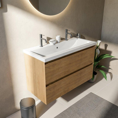 Saniclass Holz Pure Ensemble de meubles de salle de bains - 100x45x63.5cm - Lavabo Bari en céramique blanc - 1 vasque - 2 trous de robinetterie - 2 tiroirs - chêne naturel mat (bois)
