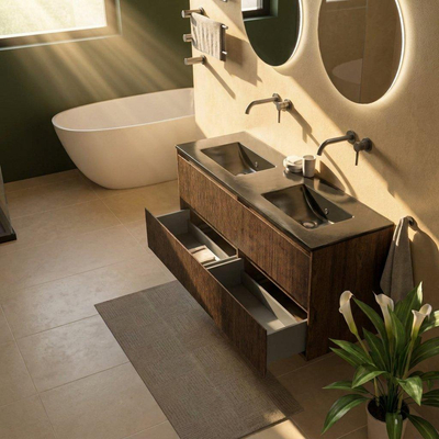 Saniclass Holz Atelier Ensemble meuble de salle de bains - 140x45x62cm - Vygo lavabo en céramique noir - 2 vasques - sans trous de robinetterie - 4 tiroirs - chêne charcoal mat (bois)