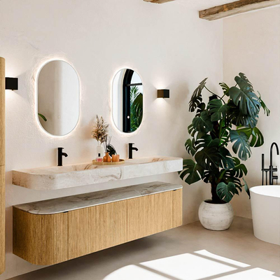 MONDIAZ THOR-DLUX 180cm meuble de salle de bains arrondi gauche + droite couleur Oak avec 2 tiroirs et 2 portes. Vasque suspendue CLOUD Double 2 trous de robinet couleur Frappe.