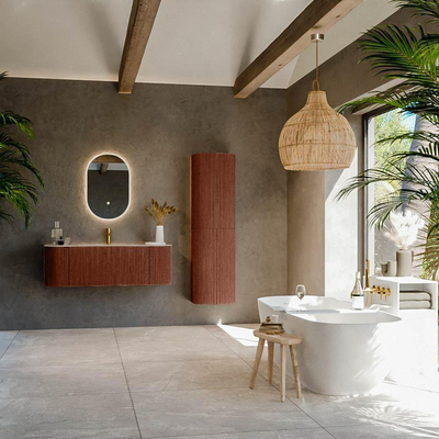 MONDIAZ KURVE-DLUX Meuble de salle de bains 130cm arrondi gauche + droite couleur Ruby avec 1 tiroir et 2 portes. Lavabo BIG SMALL central 1 trou de robinet Saba.