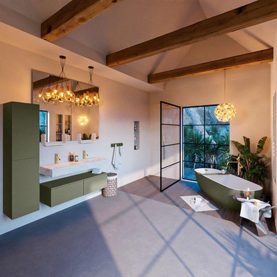 Mondiaz ALAN-DLUX Ensemble de meuble - 120cm - meuble Army mat - 2 tiroirs - Lavabo Cloud Opalo suspendu - vasque Gauche et droite - 2 trous de robinet