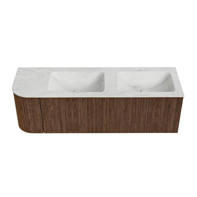 MONDIAZ KURVE-DLUX 145cm Meuble salle de bain avec module 25 G - couleur Walnut - 1 tiroir - 1 porte - vasque LEAF double / droite - sans trou de robinet - couleur Opalo