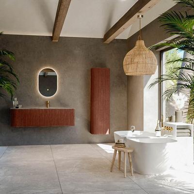 MONDIAZ KURVE-DLUX meuble de salle de bains 145cm arrondi à gauche couleur Ruby avec 1 tiroir et 1 porte. Lavabo BIG LARGE à droite 1 trou de robinet Oza.