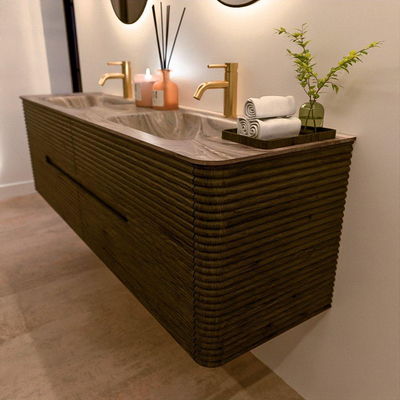 Mondiaz CIRO-DLUX Badkamermeubelset - 170x45x50cm - Solid surface wastafel Sombra - 2 wasbak Dubbel - 2 kraangaten - 4 lades - Shadow