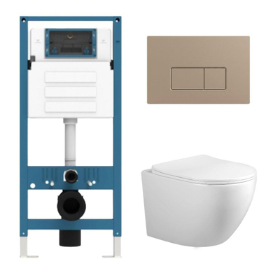 Adema Salina 2.0 Toiletset - 48.5x36x32cm - diepspoel - spoelrandloos - QeramiQ inbouwreservoir - softclose - quickrelease - toiletzitting - taupe kunststof bedieningsplaat - rechthoekige knoppen - wit
