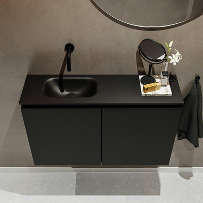 MONDIAZ TURE Fonteinset - 80x23x50cm - 0 kraangaten - 2 deuren - urban mat - Wasbak links - Solid Surface Zwart