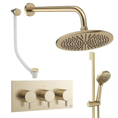 Crosswater MPRO Regendoucheset inbouw - 3 hendels - badafvoer - 30cm douchekop - handdouche - glijstang - wandarm - geborsteld messing (goud)