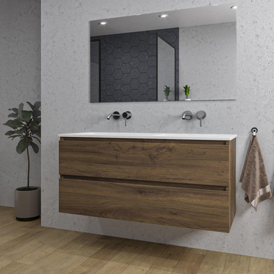 Saniclass Chaci Badkamermeubelset - 120x46x55cm - keramische wastafel wit - 2 wasbakken - zonder kraangaten - 2 lades - rechthoekige spiegel - noten (hout)