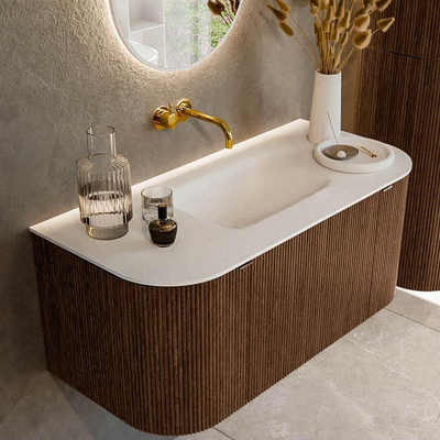 MONDIAZ KURVE 100cm badmeubel met module 25 Len R kleur Walnut met 1 lade en 2 deuren. Wastafel GRUNNE midden zonder kraangat Talc.