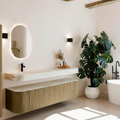 MONDIAZ THOR-DLUX 180cm meuble de salle de bains arrondi gauche + droite couleur Dusk avec 2 tiroirs et 2 portes. Vasque suspendue CLOUD Gauche 1 trou de robinet couleur Ostra.