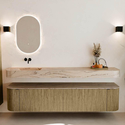 MONDIAZ THOR-DLUX 200cm meuble de salle de bains arrondi gauche + droite couleur Dusk avec 2 tiroirs et 2 portes. Vasque suspendue CLOUD gauche sans trou de robinet couleur Arena.