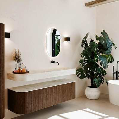 MONDIAZ THOR-DLUX 160cm meuble de salle de bains arrondi gauche + droite couleur Walnut avec 1 tiroir et 2 portes. Vasque suspendue CLOUD droite sans trou de robinet couleur Ostra.