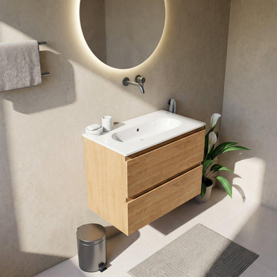 Saniclass Holz Pure Ensemble de meubles de salle de bains - 80x45x73.9cm - Vasque en céramique Chaci blanche - 1 vasque - sans trou de robinet - 2 tiroirs - chêne naturel mat (bois)
