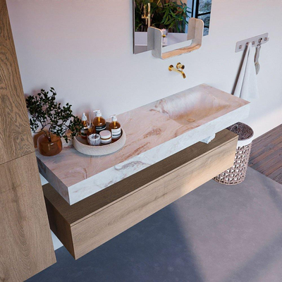 Mondiaz ALAN-DLUX Ensemble de meuble - 150cm - meuble Washed Oak mat - 1 tiroir - Lavabo Cloud Frappe suspendu - vasque Droite - 0 trous de robinet