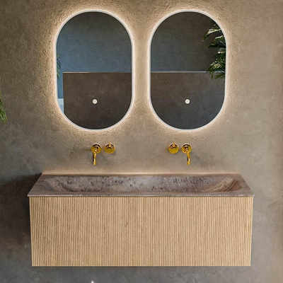 MONDIAZ KURVE-DLUX 120cm badmeubel kleur Oak met 1 lade en 0 deuren. Wastafel BIG LARGE Midden zonder kraangat Oza.
