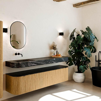 MONDIAZ THOR-DLUX Meuble de salle de bains 190cm arrondi gauche + droite couleur Oak avec 2 tiroirs et 2 portes. Vasque suspendue CLOUD Gauche sans trou de robinet couleur Lava.