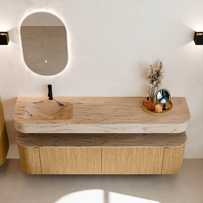 MONDIAZ THOR-DLUX 180cm badmeubel ronding links + rechts kleur Oak met 2 lades en 2 deuren. Vrijhangende wastafel CLOUD Links 1 kraangat kleur Arena.