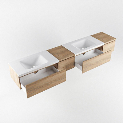 MONDIAZ BUKLA 240cm ensemble de meuble avec module 40 gauche couleur Chêne blanchi avec 4 tiroirs. Lavabo CLOUD double 2 trous de robinet couleur Talc.