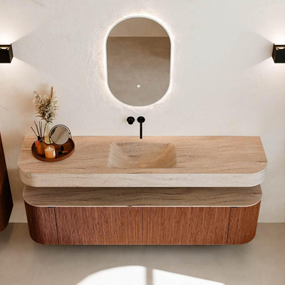 MONDIAZ THOR-DLUX 180cm meuble de salle de bains arrondi gauche + droite couleur Ruby avec 2 tiroirs et 2 portes. Vasque suspendue CLOUD Milieu sans trou de robinet couleur Saba.