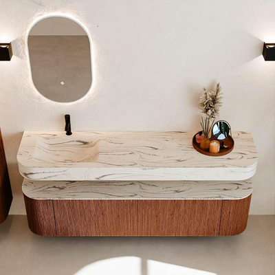 MONDIAZ THOR-DLUX 180cm meuble de salle de bains arrondi gauche + droite couleur Ruby avec 2 tiroirs et 2 portes. Vasque suspendue CLOUD Gauche 1 trou de robinet couleur Nata.