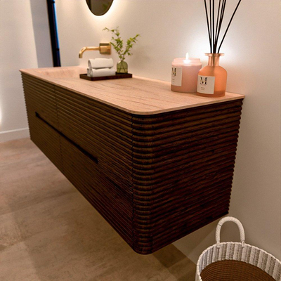 Mondiaz CIRO-DLUX Meuble de salle de bains - 150x45x50cm - Plan vasque Solid surface Saba - 1 lavabo à gauche - sans trous de robinetterie - 4 tiroirs - Noyer