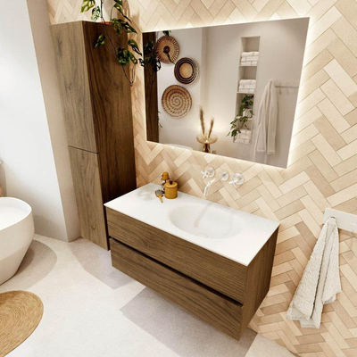 Mondiaz VICA 100cm meuble de salle de bains armoire basse Chai 2 tiroirs. Vasque MOON droite sans trou de robinet, couleur Talc.