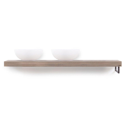 Looox Wood collection Solo wastafelblad - 160x46cm - Met handdoekhouder (rechts) RVS geborsteld - Massief eiken Old grey