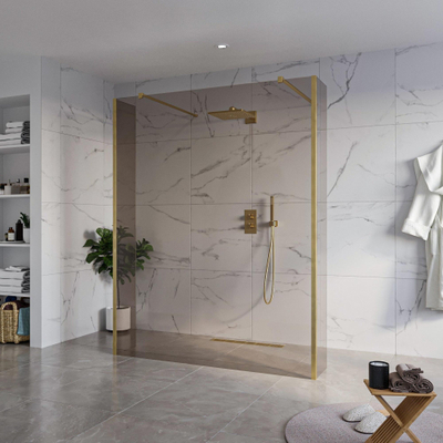 FugaFlow Eccelente Vetro Douche à l'italienne libre - 160x200cm - Verre fumé - anti-calcaire - verre de sécurité 8mm - 2 parois latérales 30cm - avec bras muraux et profils d'angle - Laiton brossé (or) -