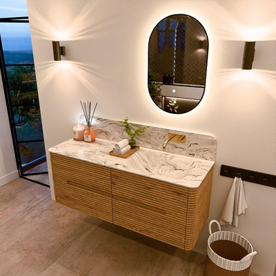 Mondiaz CIRO-DLUX Badkamermeubelset - 130x45x50cm - Solid surface wastafel Glace - 1 wasbak Rechts - zonder kraangaten - 4 lades - Oak