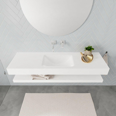 MONDIAZ ALAN 150cm - Ensemble meuble de salle de bains - solid surface - tablette avec lavabo suspendu - vasque au milieu - 0 trous de robinet - talc