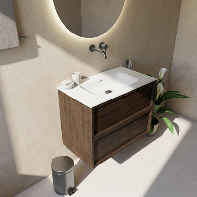 Saniclass Holz Frame Ensemble meuble de salle de bains - 80x45x61.5cm - lavabo Flow en solid surface blanc - 1 vasque - sans trou de robinetterie - 2 tiroirs - chêne charcoal mat (bois)