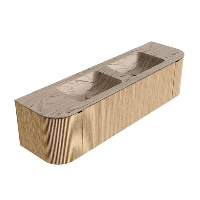 MONDIAZ KURVE-DLUX Meuble de salle de bains 170 cm arrondi gauche + droite couleur Chêne avec 1 tiroir et 2 portes. Lavabo LEAF Double sans trou de robinet Arena.