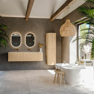 MONDIAZ KURVE-DLUX meuble de salle de bains 165cm avec module 25 R couleur chêne avec 2 tiroirs et 1 porte. Lavabo STOR SMALL double / gauche sans trou de robinet couleur Ostra.