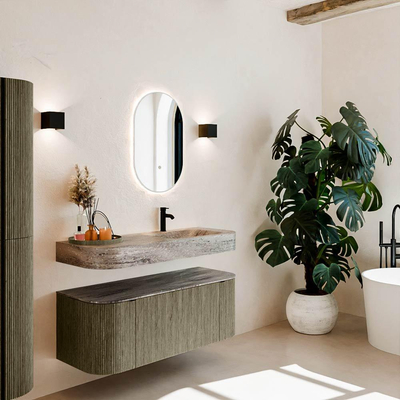 MONDIAZ THOR-DLUX 120cm badmeubel ronding links + rechts kleur Shadow met 1 lade en 2 deuren. Vrijhangende wastafel CLOUD Rechts 1 kraangat kleur Oza.